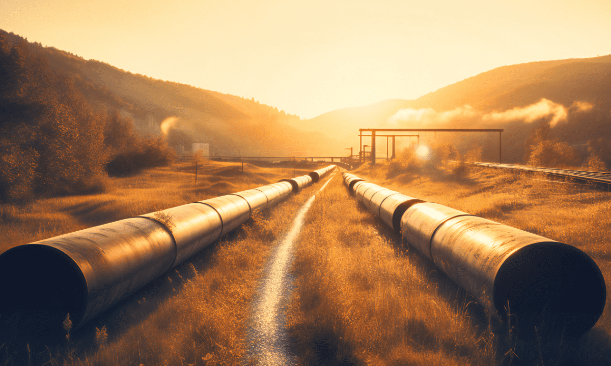 Pipeline pipes fading into a sunset.
