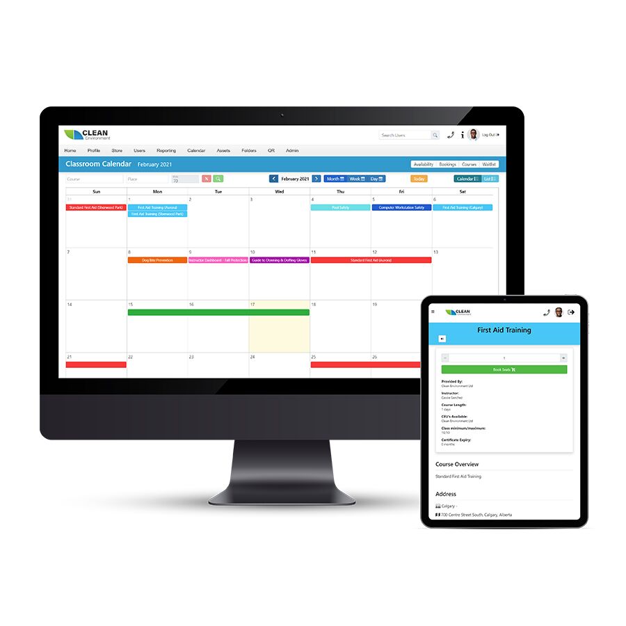 an image of a Training schedule on onboarding software. The computer monitor displays dates and times of training and orientations for the user. 