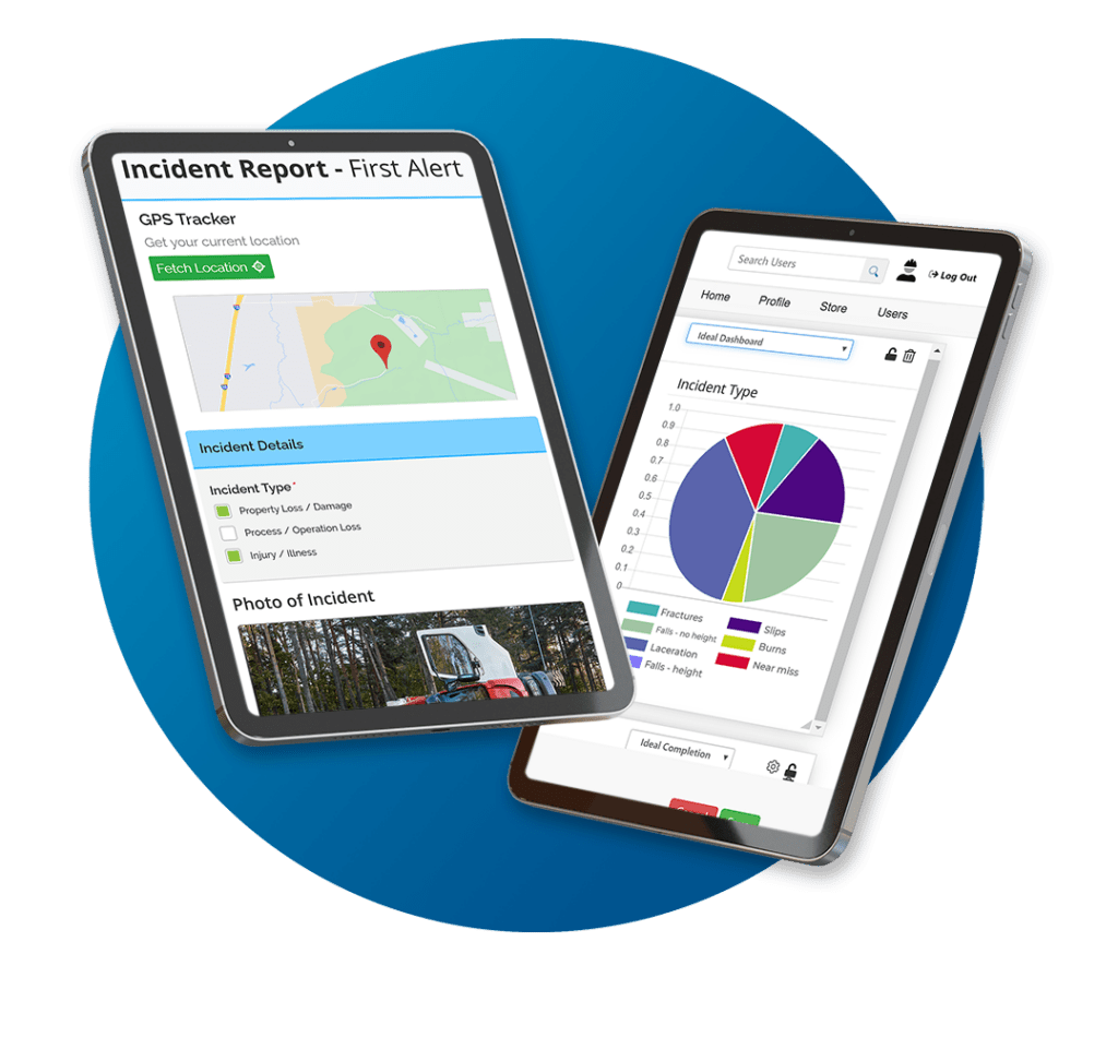 two tablets show incident reporting software that's capable of helping organize, store and quantifying OSHA forms. 