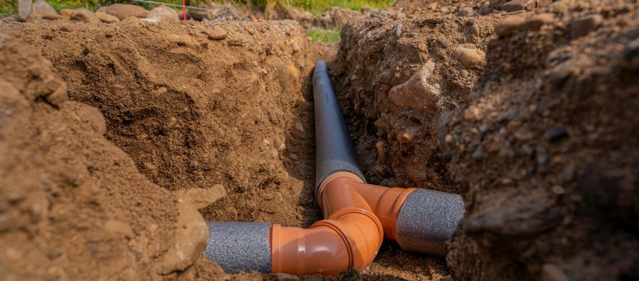 laying sewer pipes in the ground under the foundation. braiding several pipes into one