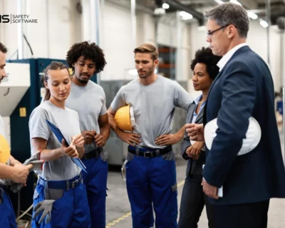 A safety meeting between supervisors and workers.
