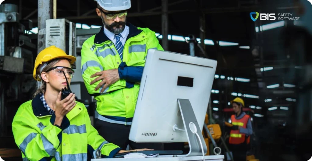 Safety professionals analyzing data on-site, representing the intersection of innovation and safety in a new era of workplace risk management.