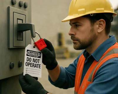 Worker applying lockout device to control panel