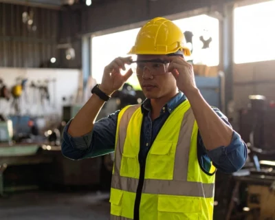 Factory worker adjusting safety glasses and helmet before starting shift in industrial workspace, wearing PPE.