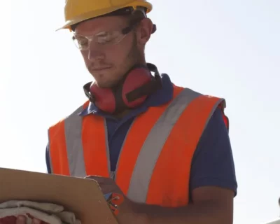 Warehouse worker uses tablet to access LMS for safety training