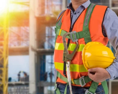 Construction worker in safety gear representing essential onboarding software features for safety readiness.