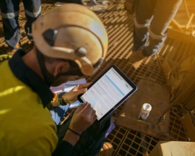 Construction foreman conducting a mobile FLHA using a tablet on the jobsite.
