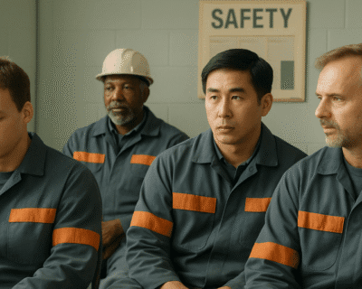 Factory workers in uniforms listening intently during a safety meeting, showing the importance of awareness in preventing risks.