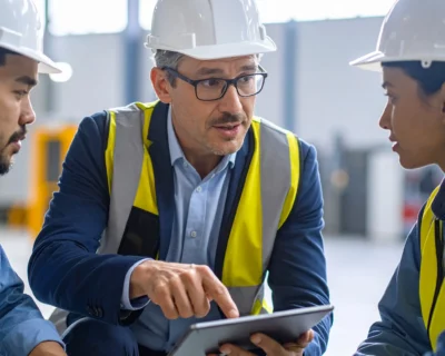 Safety manager guiding team through FLHA steps using digital checklist.