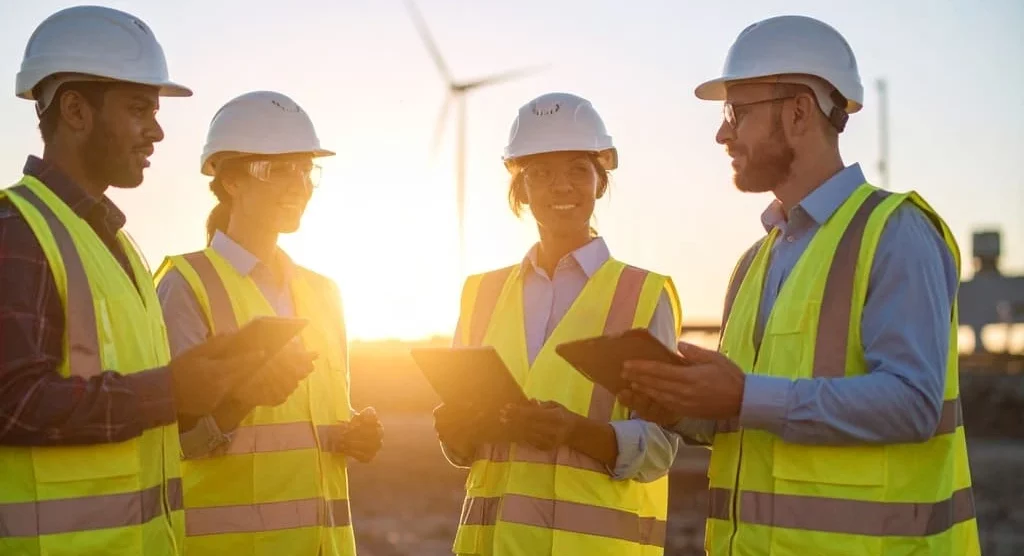 Diverse team using digital tablets for onboarding at a site, showing how software supports safety, and readiness.