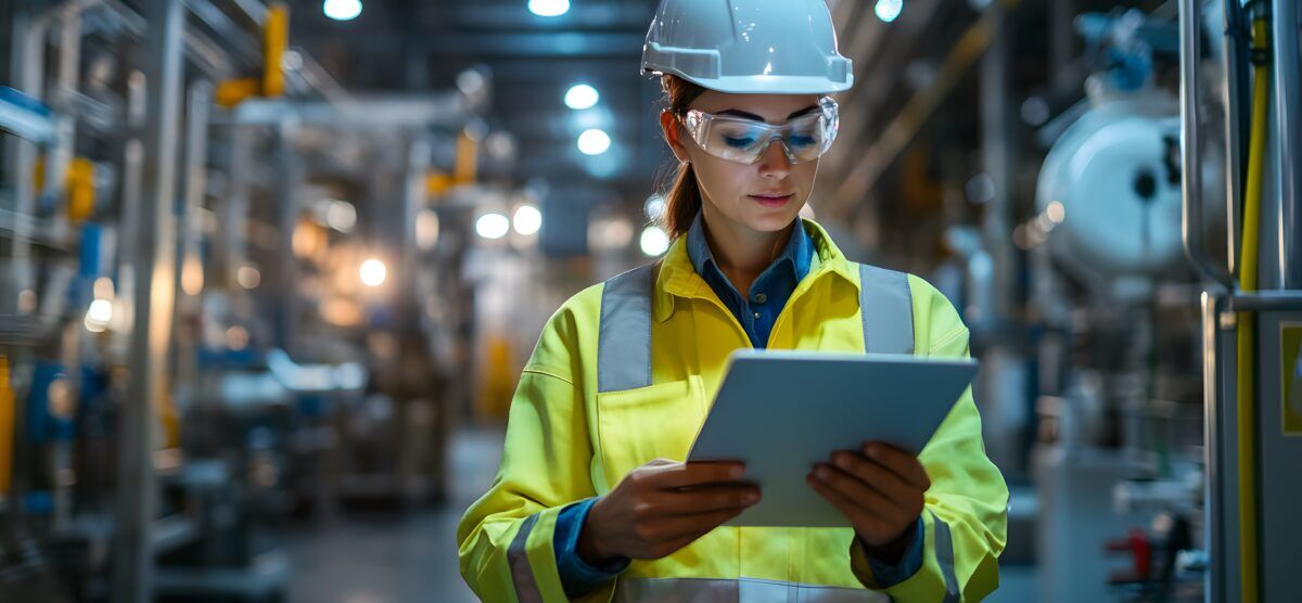 Field engineer collecting operational data on-site with a digital device.