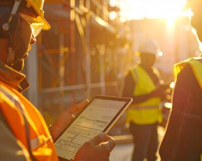 Safety professional reviewing a digital FLHA solution on a tablet, with her team members.