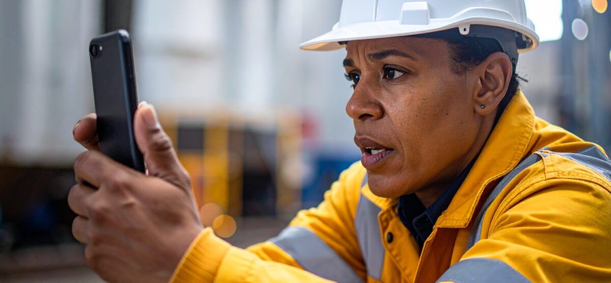 Field safety officer capturing hazard evidence on a smartphone.