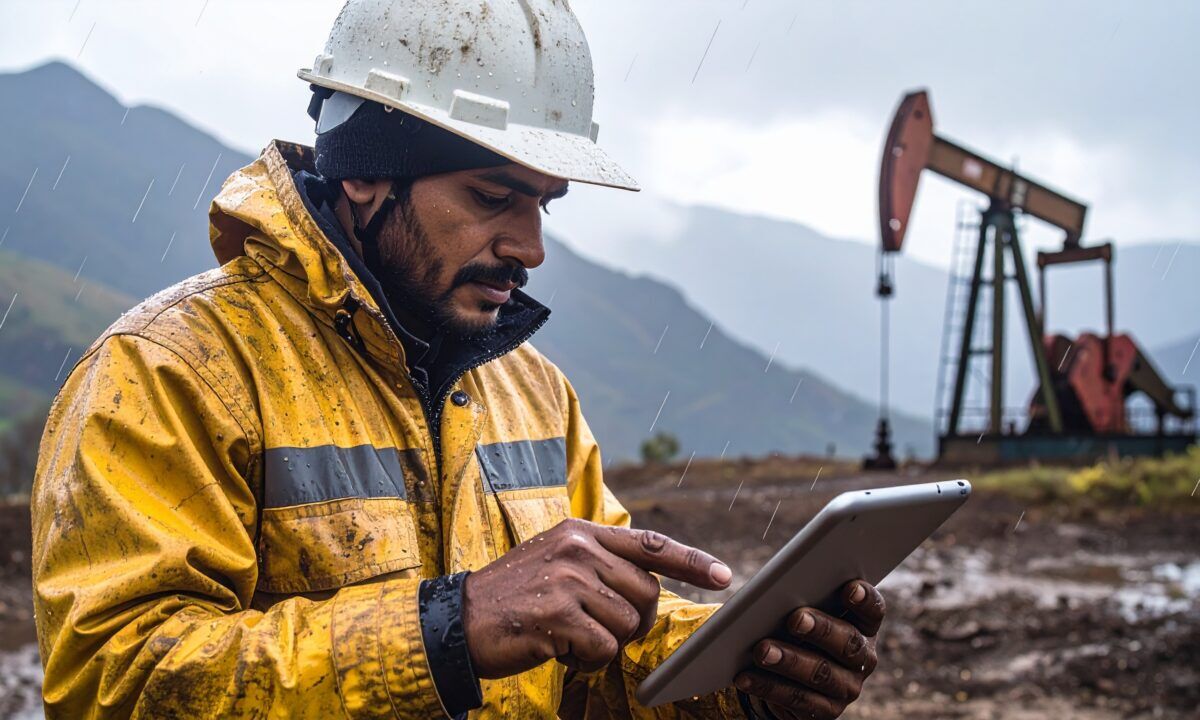 Construction safety professional recording hazards on hazard identification software.