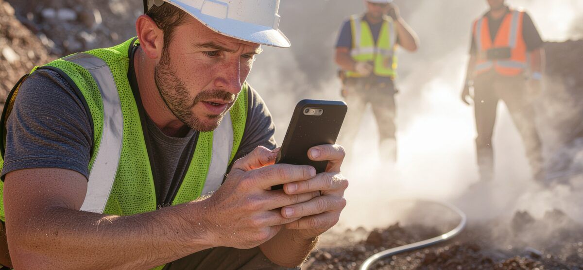 Worker records hazard information on a phone, showing real-time hazard reporting in action on a construction site.