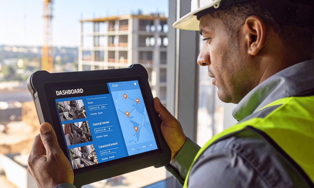 Safety dashboard on screen while worker reviews hazard map on mobile for quick decision-making in industrial setting.