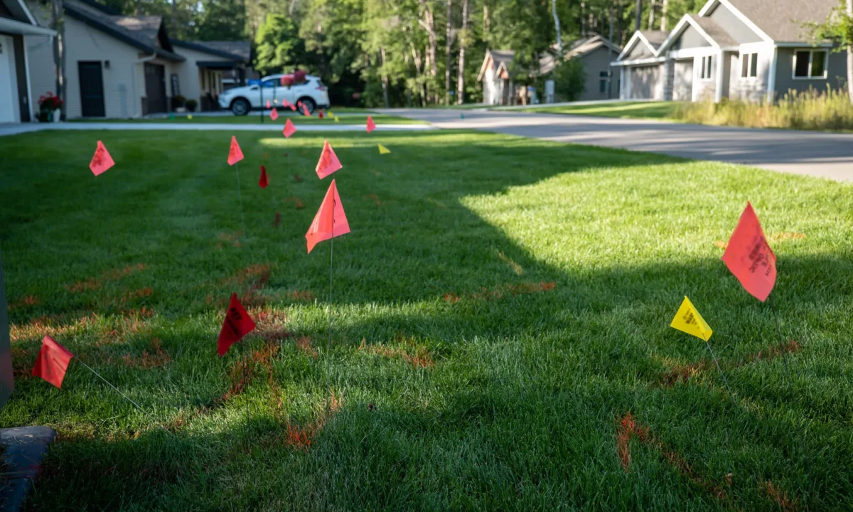 Workers digging near exposed underground utility lines with shovels.