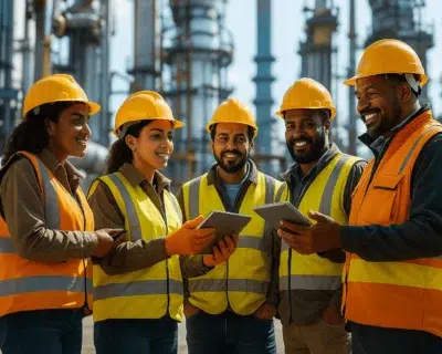 Construction team using tablets at industrial site to access BIS Digital Playbooks for safety and SOPs.