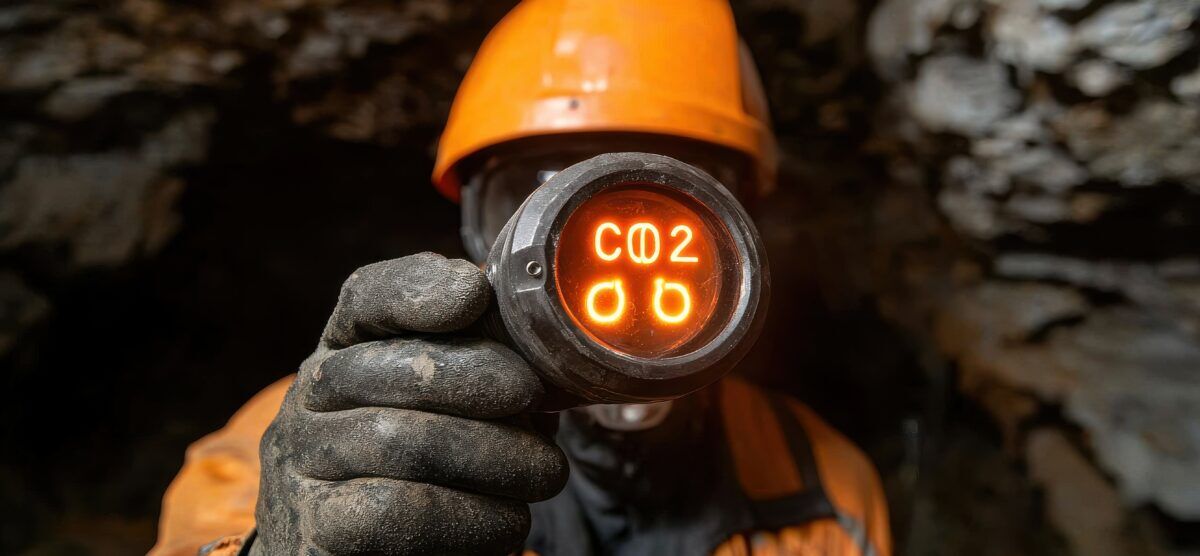 Confined-space gas reading on a portable detector emphasizing hazard recognition and alarm response.