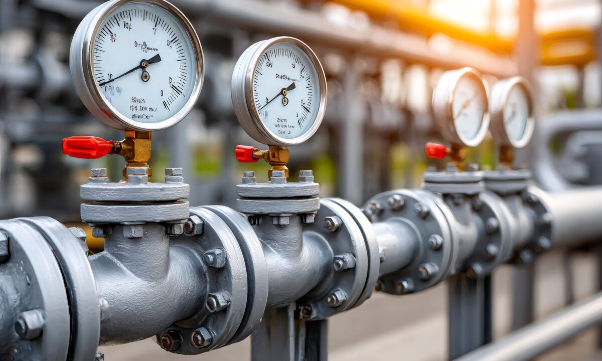 Industrial pipeline with analog pressure gauges indicating system status for gas detection safety programs.