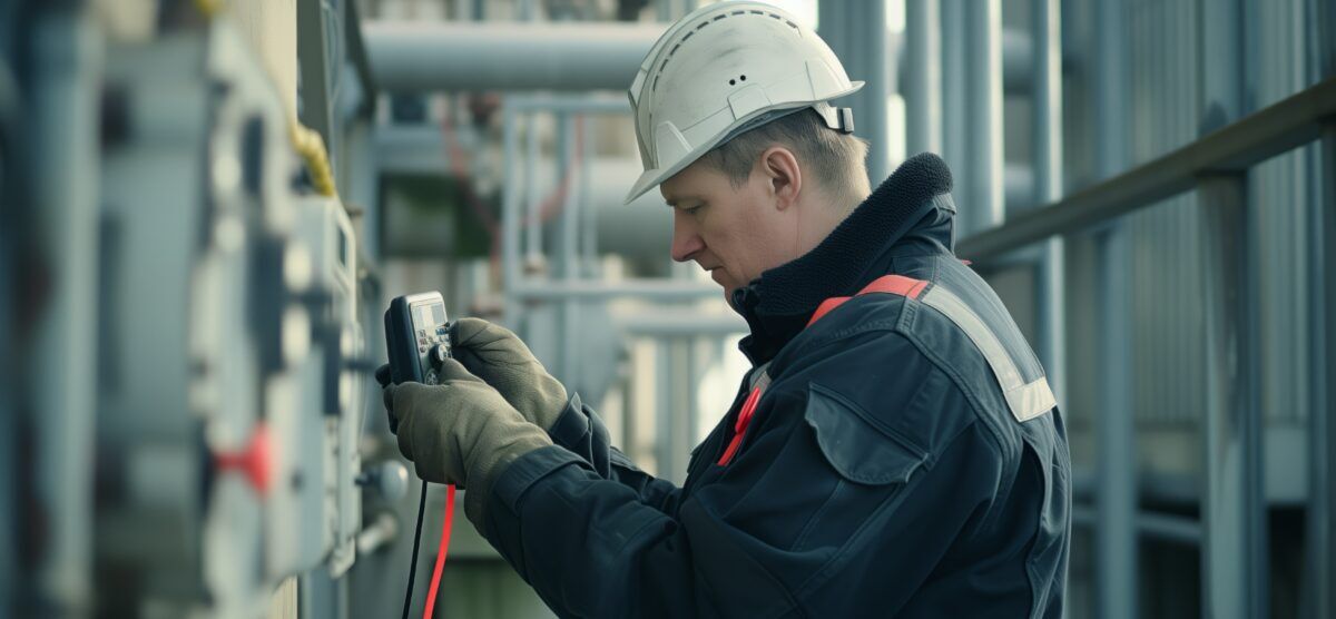Worker performing breathing-zone sampling with a handheld gas detector as part of daily gas detection safety checks.