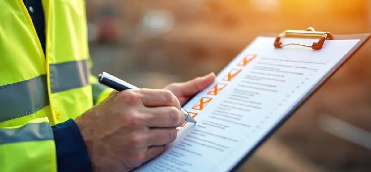 Worker in safety vest marking items on an EHS inspection checklist at a job site.