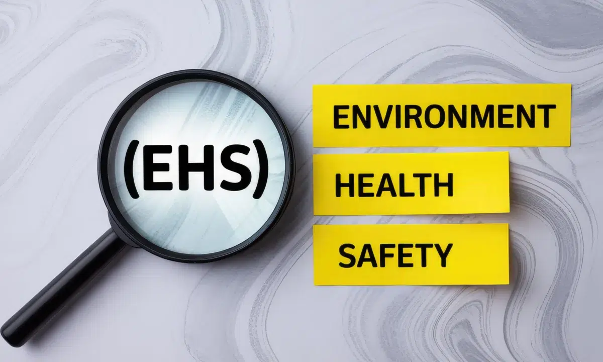 Magnifying glass showing EHS with yellow Environment, Health, and Safety labels.