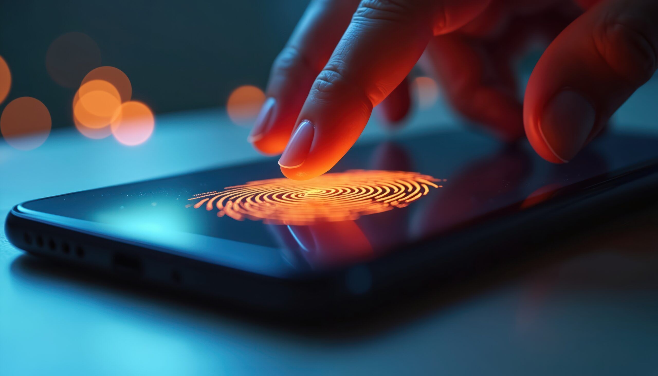 Person uses finger for smartphone fingerprint scan for secure access. Close-up macro view of hand and glowing orange digital identity on dark blue screen. Tech and privacy concept. Virtual Proctoring
