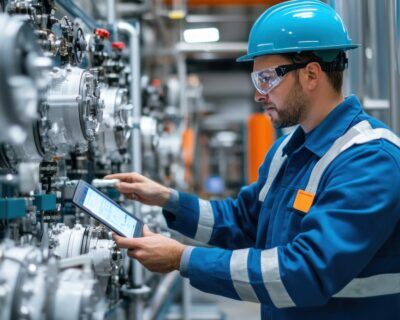 young engineer man carefully monitoring hydrogen gas levels in a storage facility, high-tech sensors in use