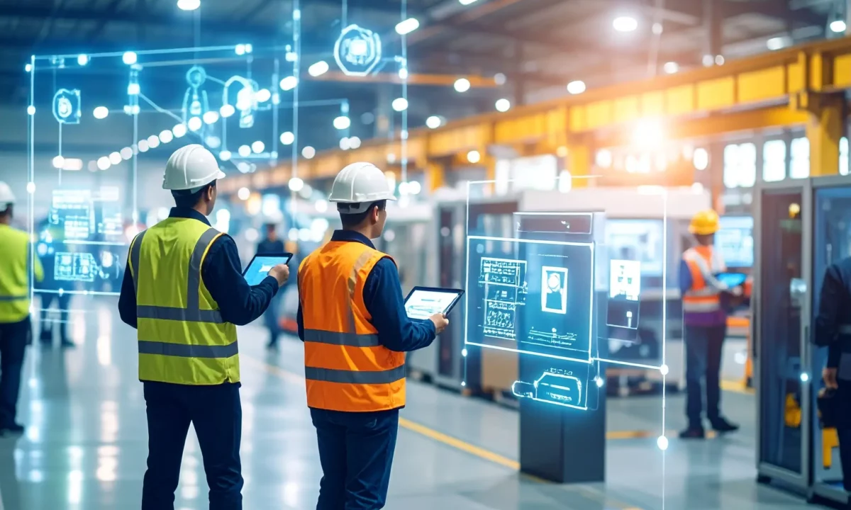 Workers interacting with real-time digital displays, representing an automated onboarding process that keeps safety and compliance intact.