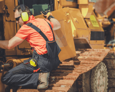 A man inspecting equipment on a job site. He's looking inside a excavators hood.