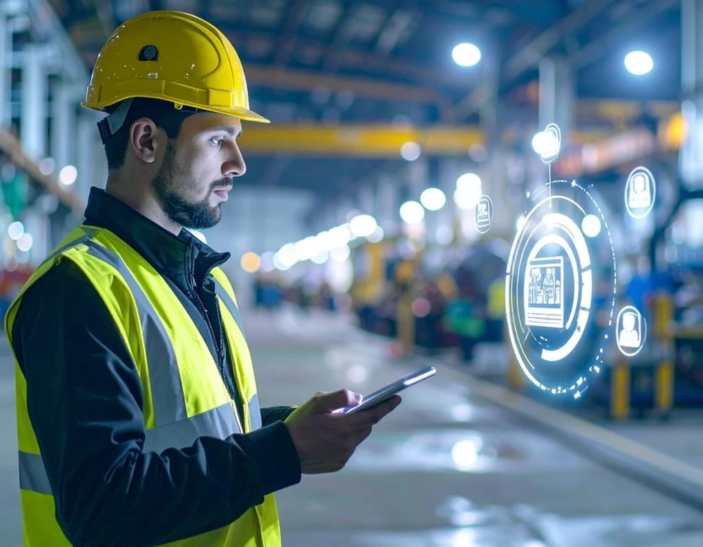 Industrial engineer using a tablet in a smart factory, reviewing digital FMEA data to identify potential failure risks.