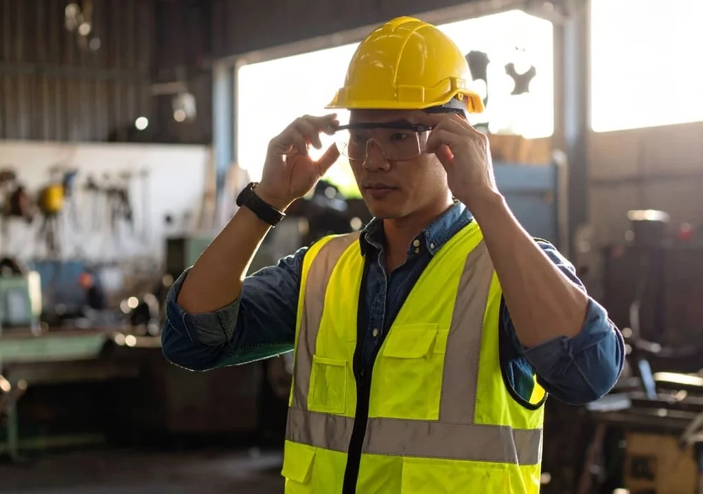 Factory worker adjusting safety glasses and helmet before starting shift in industrial workspace, wearing PPE.