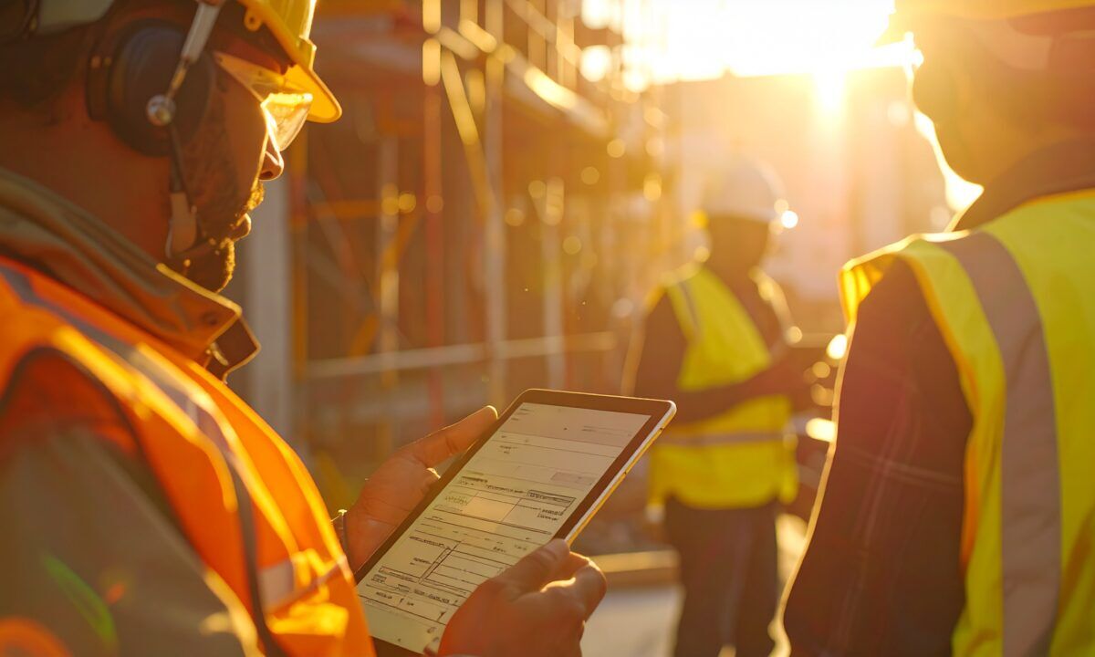 Safety professional reviewing a digital FLHA solution on a tablet, with her team members.